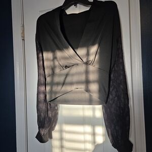 Elegant Black Wrap Top with Sheer Sleeves
